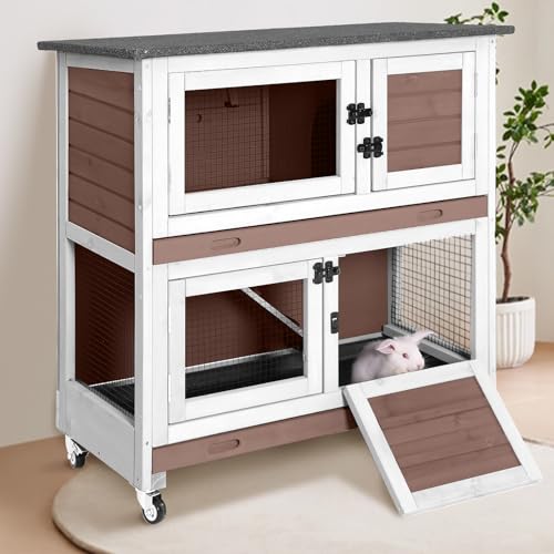 Rabbit Hutch Indoor or Outdoor, Wooden Rabbit Cage with Two Removable Trays, 2-Story Bunny Cage with Wheels, 36’’ Guinea Pig Cage (Brown) - color: Brown, size: 36.0"L x 17.7"W x 36.4"H