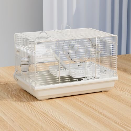 Dwarf Hamster Cage Starter Kit 19x12x12in for Dwarf Hamsters Robo Hamsters | Multilevel Dwarf Hamster Cage with Silent Wheel Ø6", 2 Platforms, 2 Tube Ports, Ladders, Water Bottle, Food Bowl - color: White