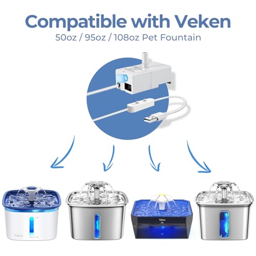 Veken Replacement Pump for 50oz, 95oz and 108oz Pet Fountain | Cat Water Fountain Dog Water Dispenser Ultra Quiet Long Lifespan Water Pump with USB Cable and LED Lights