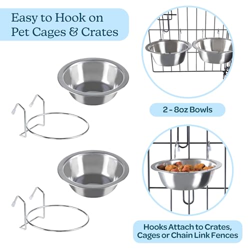 Set of 2 Stainless-Steel Dog Bowls - Cage, Kennel, and Crate Hanging Pet Bowls for Food and Water - 8oz Each and Dishwasher Safe by PETMAKER, Silver