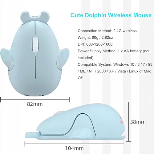 CHUYI Cute Animal Dolphin Shape Wireless Silent Mouse Frosted Cartoon Portable Travel Mute 1600DPI Novelty Optical Unique Cordless Quiet Mice for Computer Laptop PC Gift (1 Pack-Light Blue) - color: Light Blue Dolphin