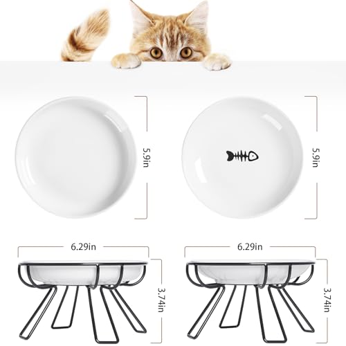 Presents The Ultimate Cat Dining Set: 5.9 inch Ceramic Water Bowl and Whisker-Friendly and Anti-Vomiting Plates.Elevated Bowl, Raised Ceramic Dish with Metal Stand - color: Food Bowl+Water Bowl
