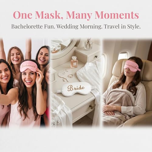 WJINGYIJIA Bridal Party Satin Sleep Mask Set, 1 Bride and 4 Bridesmaid Eye Masks, Gold Embroidered, Bachelorette Party Favors, 5 Pack (Pale Champagne, One Size) - color: Pale Champagne