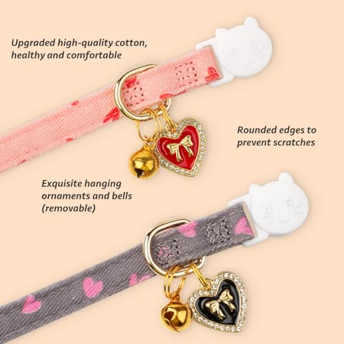 2 Pack Cotton Cat Collar Pink and Gray Heart Shaped Cute Kitten Cat Collar | Breakaway Breathable Soft material With cute pendants with Bell - color: Pink&Gray
