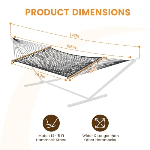 Lazy Daze 13 Ft Double Handwoven Polyester Rope Hammock with Tree Straps | Mesh Hammock for 2 Person, with Spreader Bar, Carabiners, Chains for Outside, Backyard, Patio, 450 Lbs Capacity - color: Grey