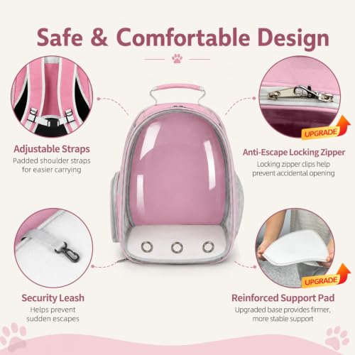 Expandable Cat Carrier Backpack with Bubble Window, Pink | Breathable mesh, anti-collapse frame, side door, safety leash and escape-resistant zippers for vet visits and outdoor travel. - color: Pink