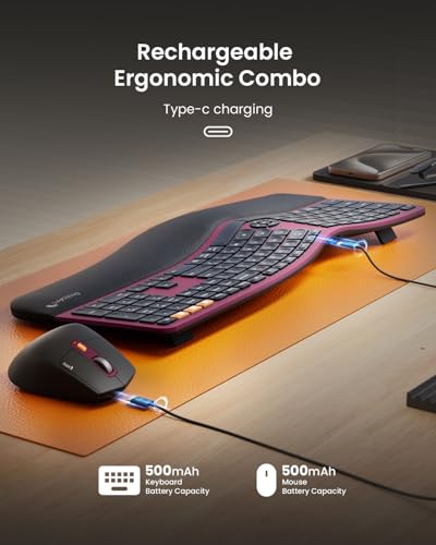 ProtoArc EKM01 Plus Wireless Ergonomic Keyboard Mouse Combo - Wine Red | Full-size Split Keyboard with Cushioned Wrist Rest, Ergonomic Mouse, 3-Device Bluetooth/2.4G, USB-C Rechargeable - color: Wine Red