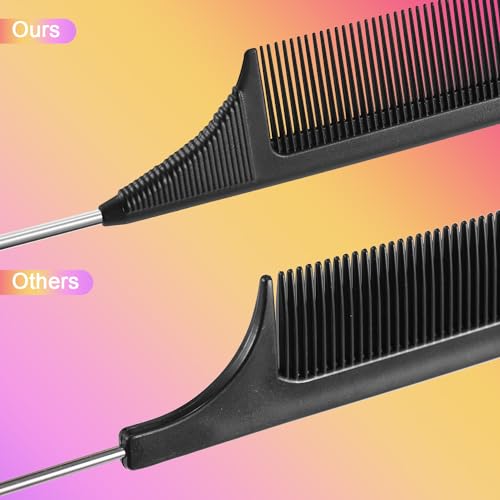 Leinuosen 3 Pack Rat Tail Comb Carbon Fiber,Pink, Black | Steel Pin Tail for Sectioning, Heat Resistant Teasing, Pick Comb for Women Wig Styling, Fishtail Design for Salon Updos - color: Pink, Black