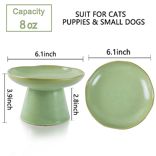 Wide Shallow 6.1" Raised Cat Bowls, Ceramic Elevated Food Bowl for Flat Faced Cats and Small Dogs, Porcelain Feeder Bowl, Stress Free, Protect Cat’s Spine, Green - color: Green-Shallow