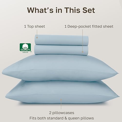 California Design Den 100% Egyptian Cotton Full Sheets, 4 Pcs, Light Blue | Backed by Good Housekeeping Seal, Light & Airy Soft Sateen, 15" Deep Pocket, All-Around Elastic, Durable, Easy Care 4pc Set - color: Light Blue, size: Full