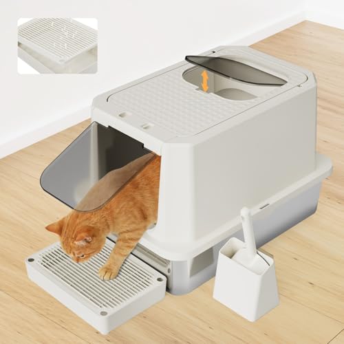 RIZZARI Stainless Steel Cat Litter Box: Dual Access, Hidden Pan, Easy Clean | Dual Front-Top Entry / Stainless Anti-Odor / Litter-Catch Pedal / Splash Guard Shield / Tool-Free Assembly / Compact Corner - color: Beige