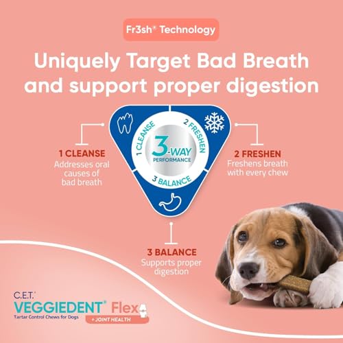 C.E.T. Veggiedent Fr3sh & Flex Plaque and Tartar Control Chew for Dogs, S | Dog joint health dental chews, mobility support, plant based chews, VOHC approved for plaque & tartar, fresh breath - style: Small 11-22lbs