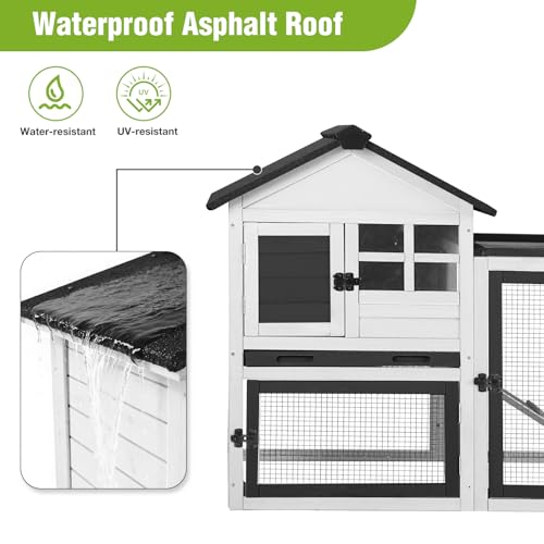 Extra-Long Outdoor Rabbit Hutch with Run, 2-Tier Fir Wood Bunny Cage, Waterproof Roof, Pull-Out Tray, Secure Latches,105.2 x 20.8 x 36.2 in - color: White, size: 105.2"L x 20.8"W x 36.2"H