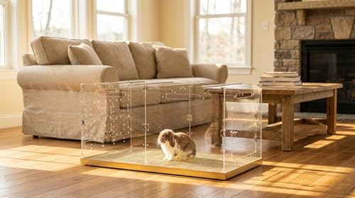 GuineaLoft™ Custom Acrylic Cage (Model-B) for Bunnies & Rabbits - 4'x2'x2' | Large & Extra Tall, Crystal Clear, Mess-Free Bottom w/ Stainless Steel Grid, Optional Background & Personalized Name Plate - color: Model-B