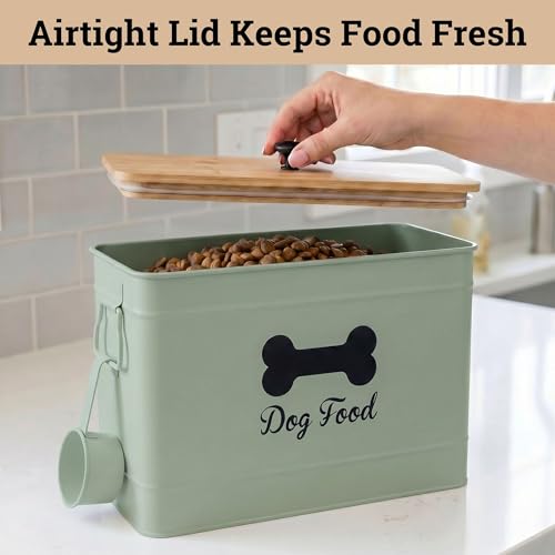 Metal Dog Food Container 15-20 lbs w/ Airtight Bamboo Lid, 70 Cup Capacity | Pet Jar For Dogs up to 100lbs, Airtight Bamboo Lid, Sturdy Comfortable Metal Handle, Powder Coated Iron, Kibble Storage Bin - color: Sage Green