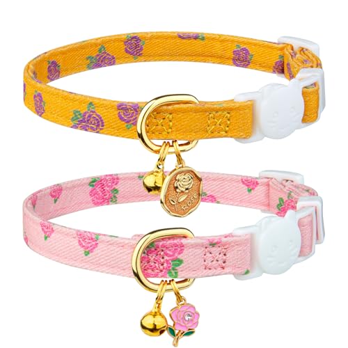 2 Pack Cotton Cat Collar Yellow and Pink Rose Cute Kitten Cat Collar | Breakaway Breathable Soft material With cute pendants with Bell - color: Yellow Rose&Pink Rose