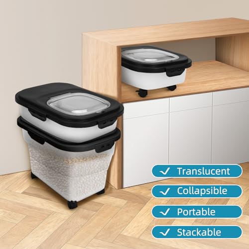 Dog Food Container, Collapsible Pet Food Storage Container 17-20 lb with Rolling Wheels & Airtight Lid, Plastic Storage Bin With Dog Food Scoop and Measuaring Cups - color: Black