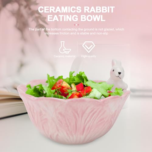Yardwe Pink Ceramic Bunny Bowl, 5.9 Inch Cabbage Leaf Shaped Rabbit Dish for Easter Candy Dessert Snack, Cute Porcelain Animal Cereal Soup Serving Bowl for Home Kitchen Table Decoration