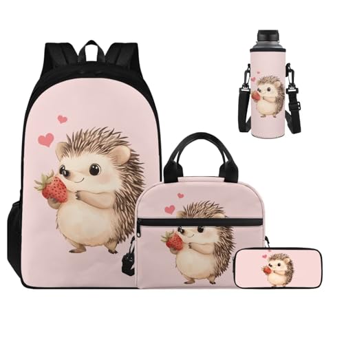 Strawberry Hedgehog Backpack Set with Lunch Box, Water Bottle Pouch, and Pencil Case for Boys & Girls, 1St Grade Large Bag Junior High School Toddler Adjustable Bookbag for Children's Day - color: Strawberry Hedgehog