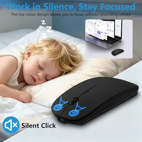 Slim Bluetooth Wireless Mouse with Jiggler - Black | Rechargeable Portable Mouse, BT5.2 & 2.4G, USB-C/USB-A Receiver, Adjustable DPI for MacBook, iPad, Laptop & PC - color: Black