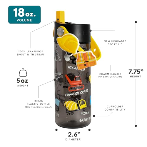 Elemental Water Bottles for Kids - Splash Kids Water Bottle for School with Fun Charm Handle - BPA Free Tritan Plastic Bottle with Straw Leak Proof When Spout is Closed - 18oz - Construction - color: Construction