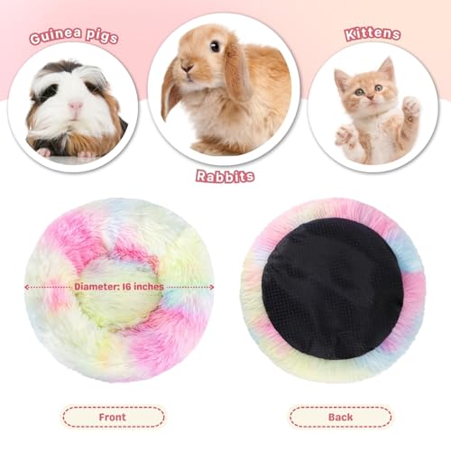 2 Pack Rabbit Bed, Fluffy Donut Shaped Bunny Hideout Comfort Sleeping Mat | Washable Comfort Hideaway Nest Bed for Guinea Pig, Kitten, Chihuahua, Small Pet - color: Dark Gray + Rainbow