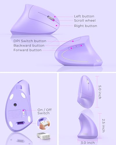 Lekvey Ergonomic Mouse, Rechargeable Wireless Vertical Mouse, Light Purple | USB-C Charging, 2.4G USB Plug & Play, Quiet Click, 3DPI (1000/1200/1600), 6 Buttons, Carpal Tunnel Mouse, for Laptop, PC, Mac - color: Light Purple