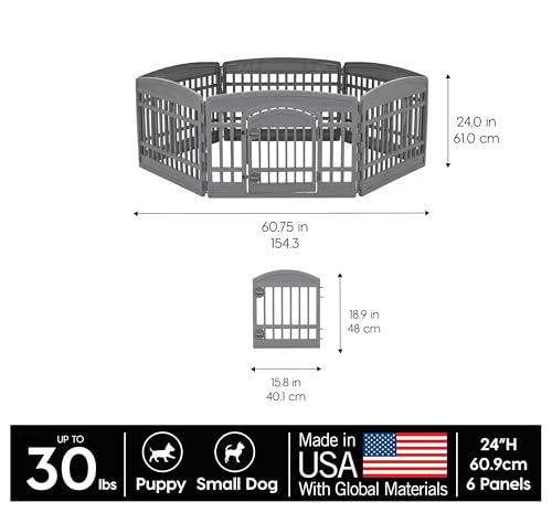 IRIS USA 6-Panel Dog Playpen with Door, Pet Enclosure, Gray | Heavy Duty Plastic, Multiple Pets, Indoor Outdoor, Portable, Foldable Design, Easy Assembly - color: Gray, size: 6 Panel - 24" H