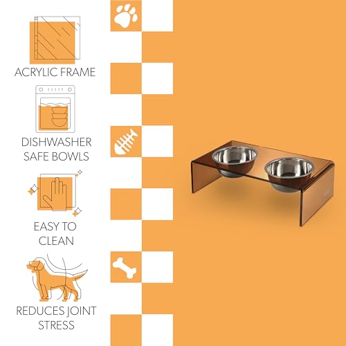 DBL2001D Keaton 7.5" Medium/Large Modern Acrylic Rectangular Elevated Pet Feeder with 54oz 2-Stainless Steel Bowls, Amber/Chrome - color: Amber/Chrome, size: 54 Ounces (7.5" Cups 2-Pack)