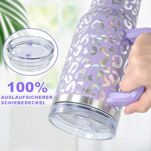 40 oz Tumbler with Handle and Straw, 100% Leak-Proof Travel Mug, Stainless Steel Double Wall Vacuum Insulated Coffee Cup Keeps Cold For 34 Hours, Dishwasher Safe, Lavender Leopard - color: Lavender Leopard