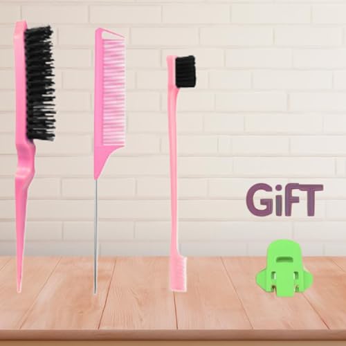 Pink Hair Brush Set - 3 Pcs, Slick Back, Rat Tail, Teasing Comb for Kids and Baby Hair Smoothing