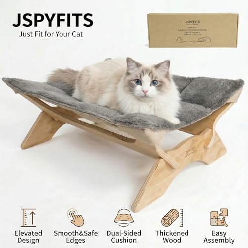 JSPYFITS Elevated Cat Bed Hammock, Raised Cat Bed with Dual-Sided Plush & Linen Cushion, Machine Washable & Breathable Cover Tool Free Easy Assembly, up to 66Lbs (Gray) - color: Cozy Grey