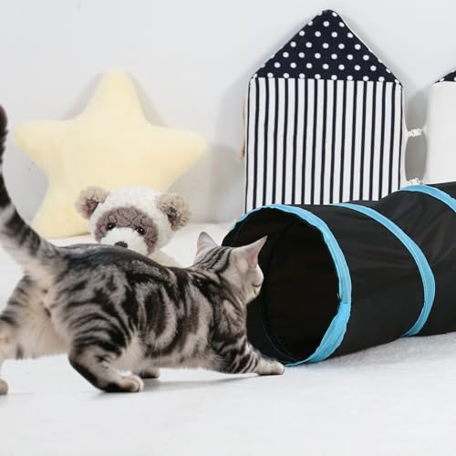 Pet Cat Tunnel, S-Shaped Tunnels for Indoor Cats, Collapsible Pet Tunnel for Kitten, Puppy, Rabbit, 25cm-Wide Tunnels, Durable & Breathable, with Peek Hole Toy Ball - color: S-Shaped Tunnel & Black/Blue