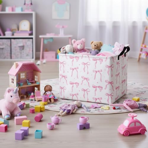 Rectangular Baby Kids Storage Basket for Home Kitchen Girls Cute Toy Storage Bin Organizer Shelf Book Room Decor(Dot Bowknot) - color: Dot Bowknot