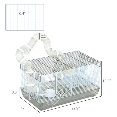 PawHut Hamster Cage, 2 Levels Gerbil Cage, Small Animal Cage for Dwarf Hamster with Tubes and Tunnels, Exercise Wheel, Food Dish, Water Bottle, Ramp, 23" x 13" x 12", Gray | Gerbil Habitat, Small Animal Cage, Tubes and Tunnels, Exercise Wheel, Food Dish,
