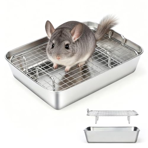 Chinchilla Litter Box with Grid, Stainless Steel Tray, Potty Trainer | 304 Stainless Steel Tray, 0.55 in Grid Separates Droppings, Chew-Resistant Build, Easy Rinse Clean, Odor-Resistant Surface