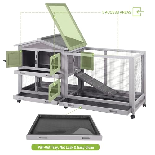 Outdoor Rabbit Hutch Indoor Bunny on Wheels Large Guinea Pig Cage with Run for Any Small Animals,Removable Pull Out Tray - color: Grey, size: 81.6"L x 16.4"W x 33.5"H