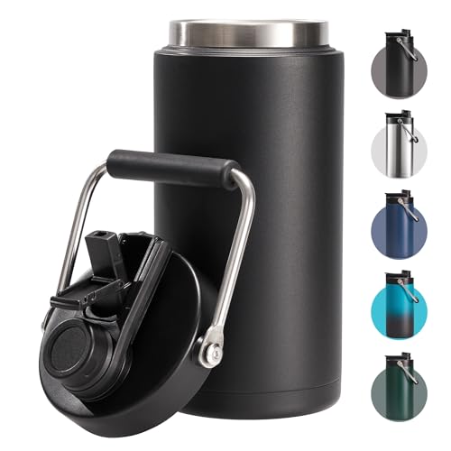 Fijinhom Half Gallon Insulated Water Bottle for Travel: 2-in-1 Straw and Spout Lid, Keep Cold 24Hrs, Leakproof, 64oz Water Jug With Handle, Vacuum Stainless Steel for Sports, Hiking, Trip(Black) - color: Black, size: 64 Ounces