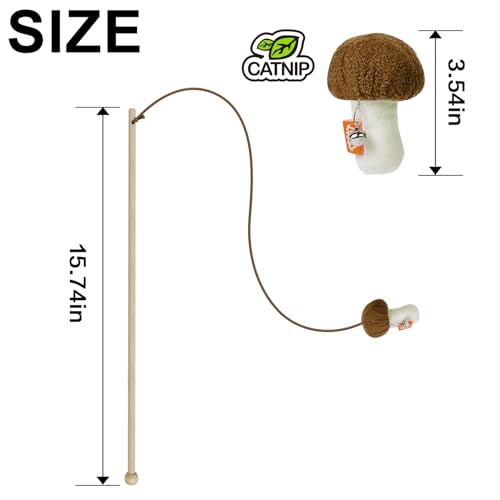 TTcat Natural Wooden Cat Wand Toy with Catnip Plush Mushroom, Thick Unbreakable Rope Interactive Cat Teaser Stick with Bell, Indoor Kitten Boredom Relief Hunting Play Toy for Cats.