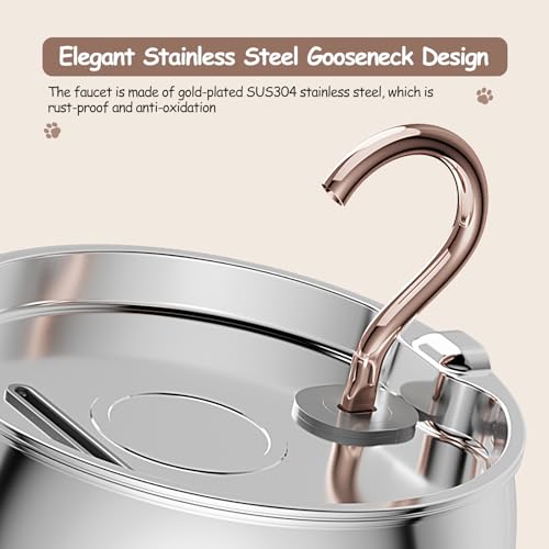 2.5L/84oz Gooseneck Kitty Spout Cat Water Fountain Stainless Steel | Quiet Cat Fountain for Drinking, Pet Water Fountain for Cats Inside, Automatic Cats Water Dispenser, for Pets
