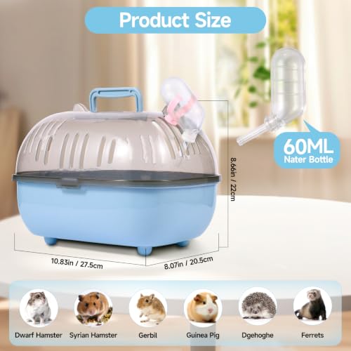 Small Animal Carrier Cage with Water Bottle, Portable Hamster Travel Carrier Carry Case for Small Pets, Gerbils, Mice, Dwarf Hamster (Blue)