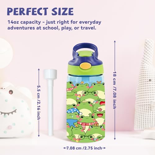 Kids Plastic Water Bottle - Frog Water Bottle for Kids, 14oz Plastic Water Bottles with Straw Lid, Leakproof BPA-Free Cute Frog Water Bottles for Home Sports Travel, Pop-Up Straw Cover, Blue - color: Frog