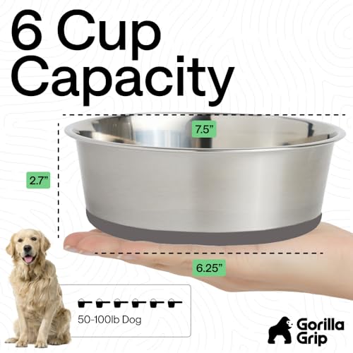 GORILLA GRIP Dog Bowl, Holds 6 Cups (48 fl oz), Food Grade 304 Stainless Steel Food and Water Bowl for Feeding Dogs and Cats, BPA Free Rubber Base, Easy Clean, Dishwasher Safe, Rust Resistant, Gray - color: Gray, size: 6 Cup (48 Oz)