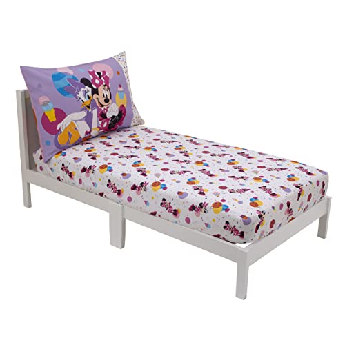 NoJo Disney Minnie Mouse Let's Party Pink, Lavender, and White Balloons, Cupcakes, and Confetti 2 Piece Toddler Sheet Set - Fitted Bottom Sheet and Reversible Pillowcase - color: Minnie Mouse Let's Party Pink