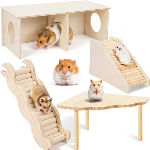 BreezeHug 4 Pcs Hamster Cage Accessories Hamster Platform Hideout Wooden Tunnel Ladder Playhouse Game Climbing Toy with Platform for Pets Dwarf Syrian Mice Degus Gerbils Squirrel(Peek) - style: Peek