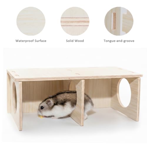 Hamster Peep Tunnel, 2-Chamber Wooden Hamster Hideout, Water-Resistant Platform for Dwarf Hamsters and Small Pets, 8.3" x 4.3" x 3.1" - size: Medium for Dwarf Hamster