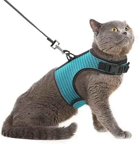 PUPTECK Soft Mesh Cat Vest Harness and Leash Set Puppy Padded Pet Harnesses Escape Proof for Cats Small Dogs (Large, Lake Blue) - color: Lake Blue(Reflective), size: L(NECK 8.5"-10.5", CHEST 12.5"-15", 6-10 lbs)