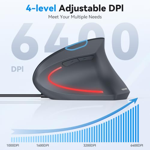 TECKNET Wired Mouse, Comfortable Ergonomic Mouse with 6400 DPI | Plug & Play, 4-Level Adjustable DPI, Silent Click, Vertical Mouse Compatible with Laptop/PC/Windows/Chromebook - color: Grey