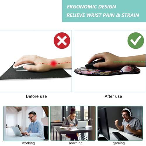 Mouse Pad with Wrist Support, Ergonomic Mouse Pad with Memory Foam Wrist Rest Cushion, Non-Slip Rubber Base Gaming Mice Pad for Home Office Computer Laptop, Flower Wreath - color: Flower wreath