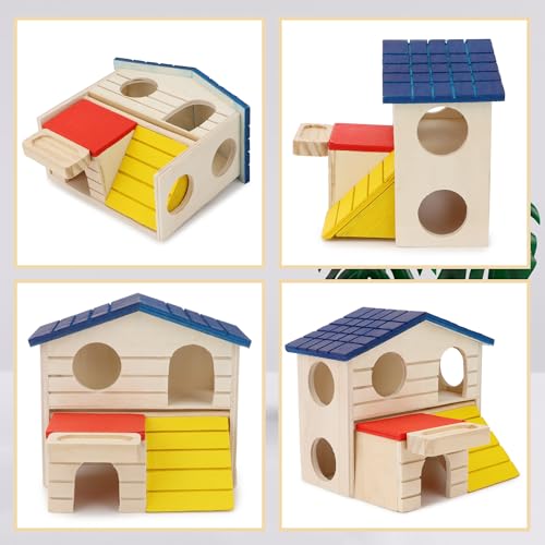 Hypeety Wooden Hamster House Maze Villa Cage for Dwarf Hamsters Gerbils Small Pets Exercise Climbing Toy Platform Multi-Level Hideout 6.1x2.95x5.9inch Blue - color: Blue